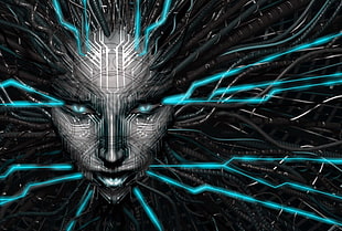 black and gray illustration wallpaper, Shodan, face, video games, wires