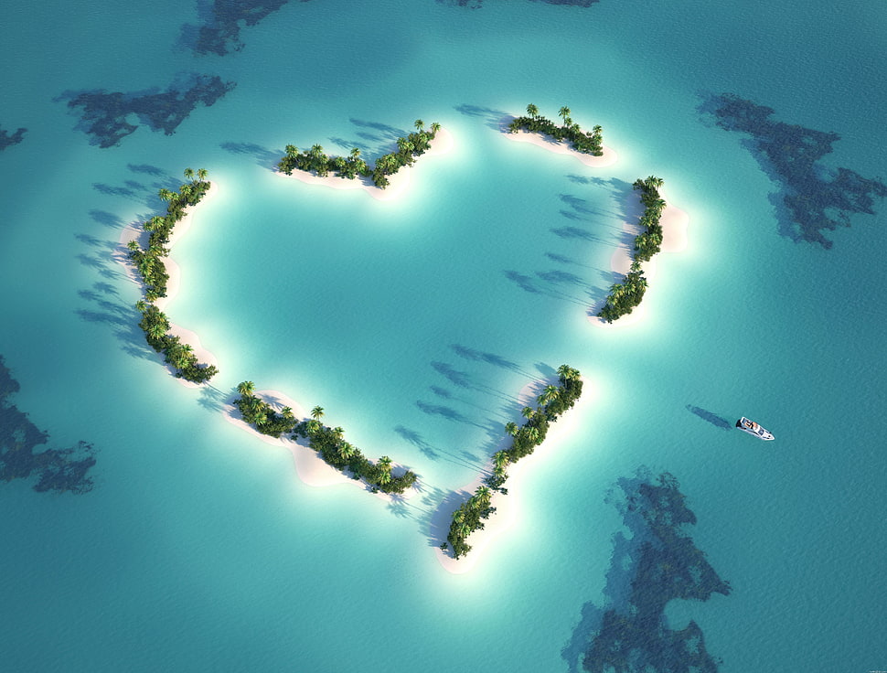 heart form island with blue water HD wallpaper