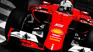 white and black full-face helmet, Ferrari F1, car, Sebastian Vettel, selective coloring