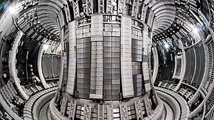 round white and gray interior, tokamak, nuclear fusion, machine, fisheye lens