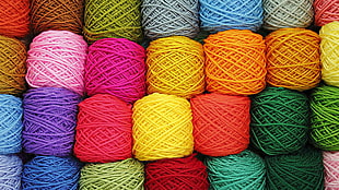 assorted-color thread spools, wool, colorful, yarn