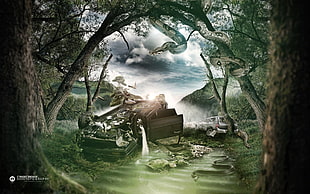 wrecked car illustration, Desktopography, nature, forest clearing, old car