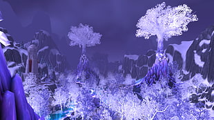 winter themed trees and mountain wallpaper, blue, World of Warcraft, Blizzard Entertainment, video games