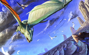 green dragon painting, dragon, fantasy art HD wallpaper