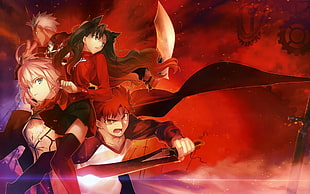 two male and two female anime characters holding sword with red background wallpaper