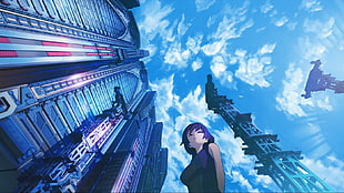 purple haired female anime character, anime, worm's eye view, blue