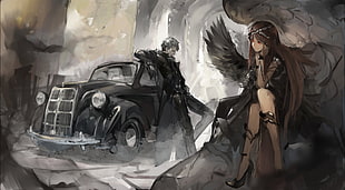 angel wallpaper, black, angel, brunette, old car