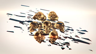 several gold human skulls illustration, abstract, skull