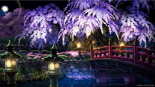 bridge beside purple tree painting, Muramasa HD wallpaper
