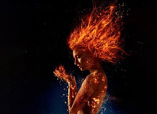 flaming haired woman digital wallpaper