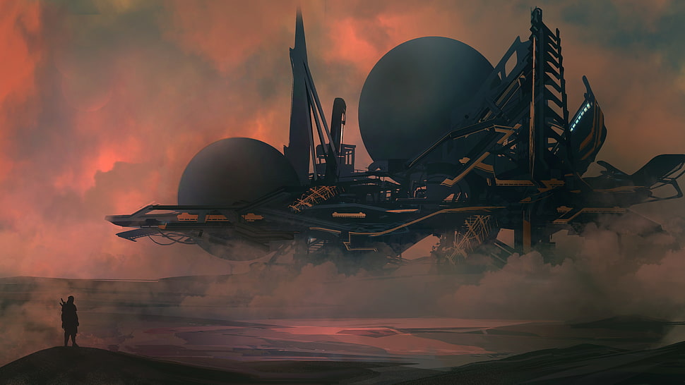 black and gray ship animated illustration, fantasy art, futuristic, mist, digital art HD wallpaper