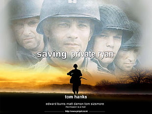 Tom Hanks illustration with text overlay, movies, Saving Private Ryan