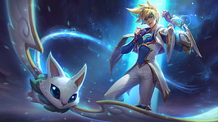 anime character in white and blue suit with winged pet artwork, League of Legends, Star Guardian, anime, stars