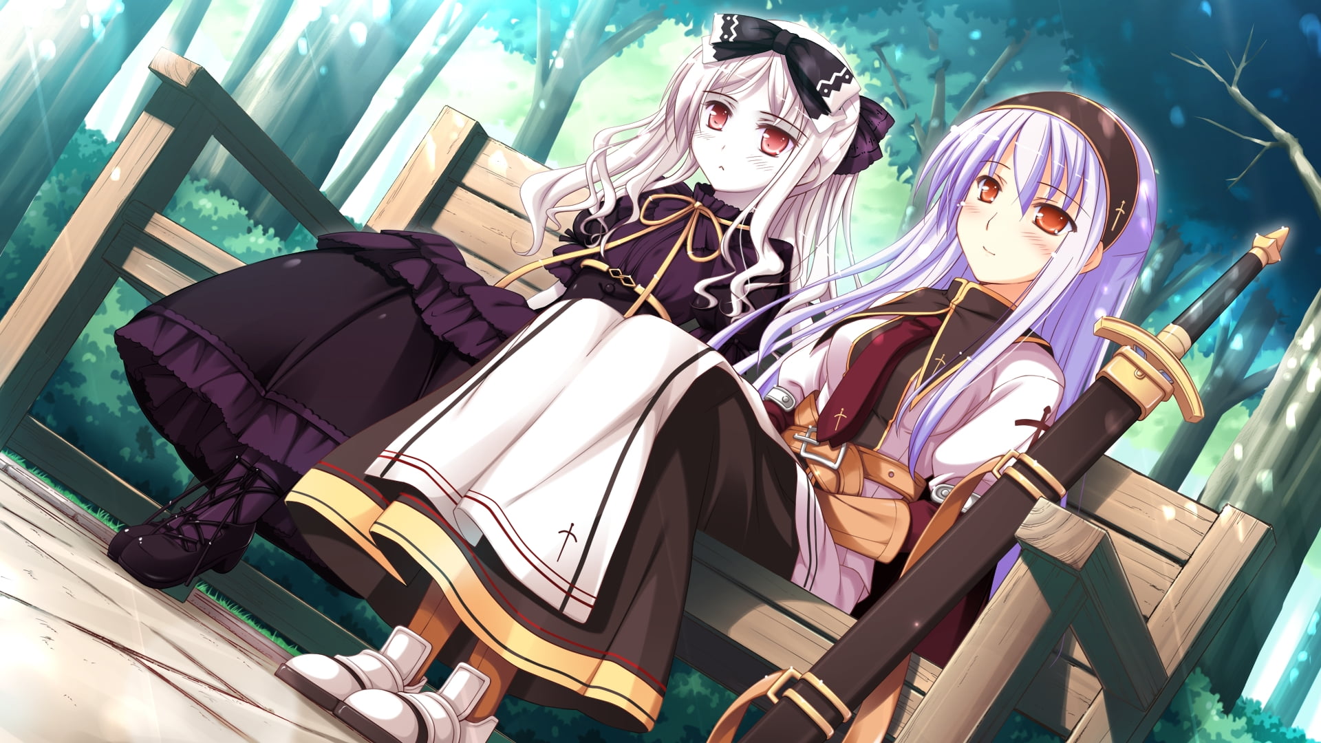 two woman sitting on bench near sword Anime digital wallpaper