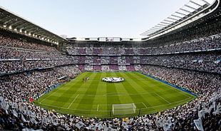 soccer stadium, Santiago Bernabeu Stadium, Real Madrid, Champions League, soccer pitches HD wallpaper