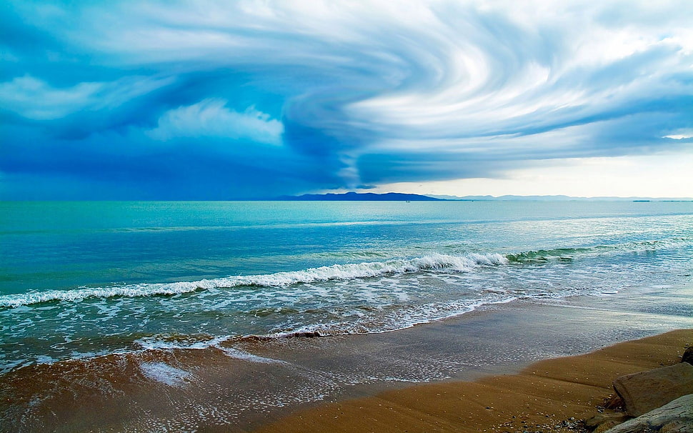 sea shore, beach, sky, tornado, waves HD wallpaper