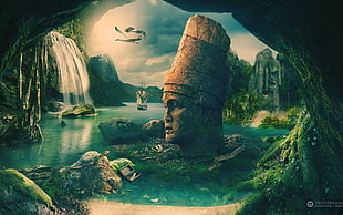 waterfalls and headbust digital wallpaper, fantasy art, digital art, birds, waterfall
