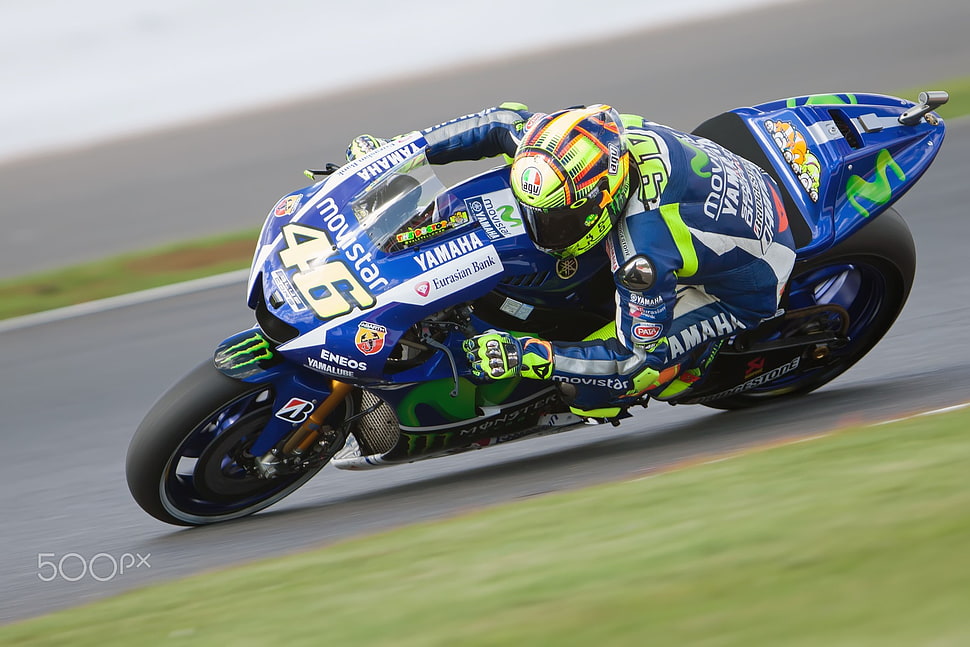 blue and green racing motorcycle, motorcycle, Valentino Rossi, Moto GP HD wallpaper
