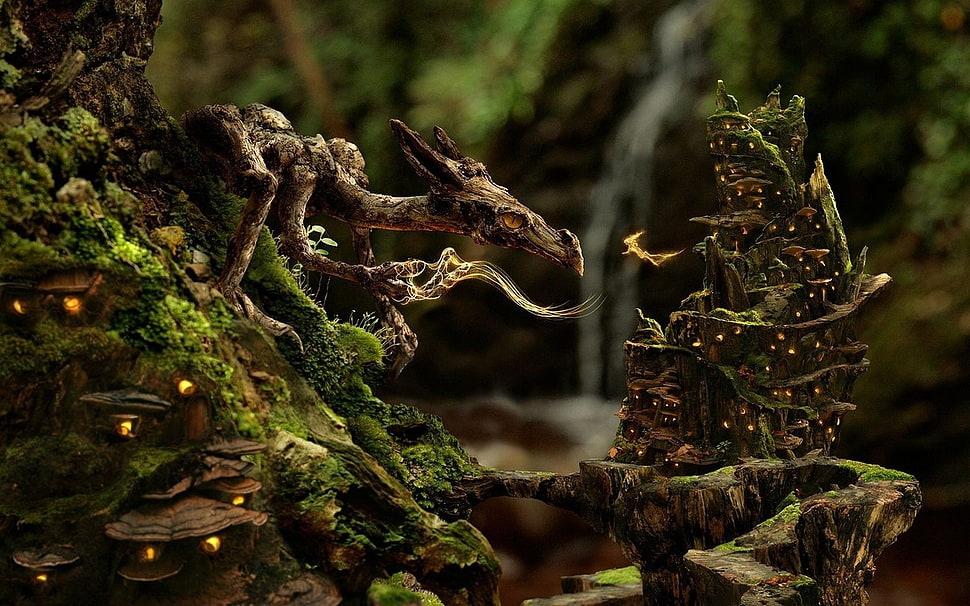 dragon illustration, dragon, macro, blurred, lights HD wallpaper