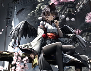 female dark angel anime character digital wallpaper, cropped, Shameimaru Aya, Touhou, wings