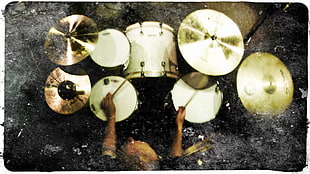 white drum set, music, drums, musical instrument, cymbals