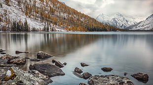calm body of water, nature, winter, mountains, landscape