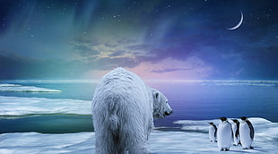 white polar bear and four penguin on the ice land