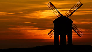 black and white table lamp, orange background, sunset, silhouette, windmill HD wallpaper
