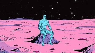 man sitting on rock illustration, Dr. Manhattan, graphic novels, Watchmen
