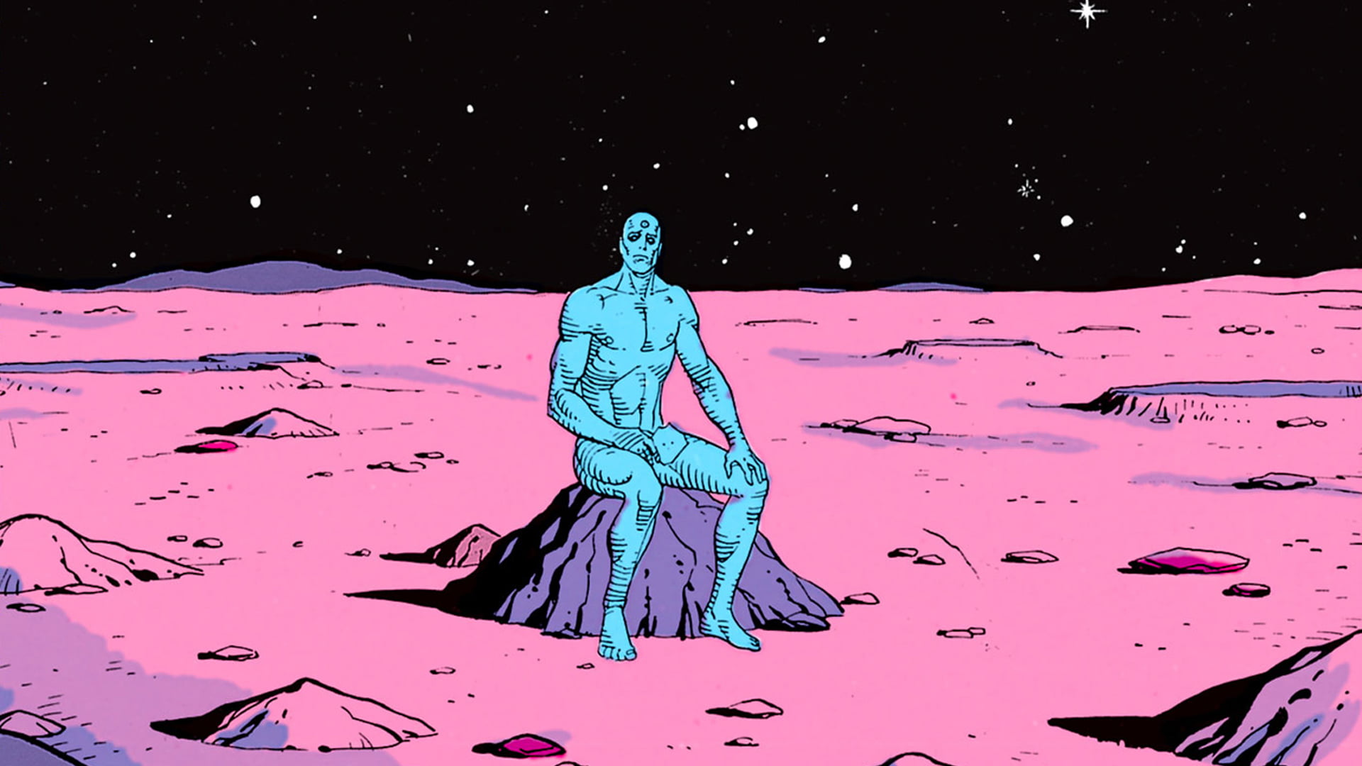 man sitting on rock illustration, Dr. Manhattan, graphic novels, Watchmen