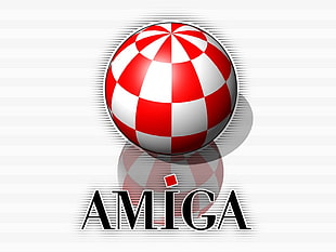 red and white sphere illustration with text overlay, Amiga, Commodore
