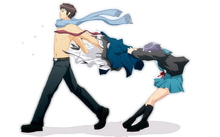school girl holding uniform of male student anime illustration HD wallpaper