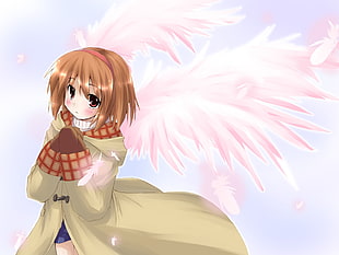 brown haired female anime character with pink wings digital wallpaper HD wallpaper