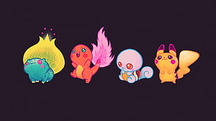 Bulbasaur, Charmender, Squirtle, and Pikachu illustration, chibi