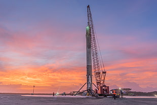 red crane, SpaceX, rocket, Falcon 9, sunset