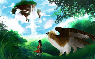 man beside the griffin animated illustration, nature, fantasy art, anime HD wallpaper