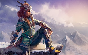woman wearing green cloth sitting on cliff during winter digital game character wallpaper