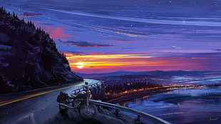 painting of gray cruiser motorcycle, Aenami, digital art, sunset, motorcycle