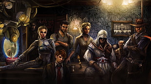 painting of game characters sitting on table