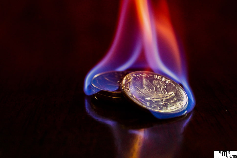 several round silver-colored coins, money, fire HD wallpaper
