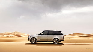 gray coupe die-cast model, Range Rover, silver cars, desert, car