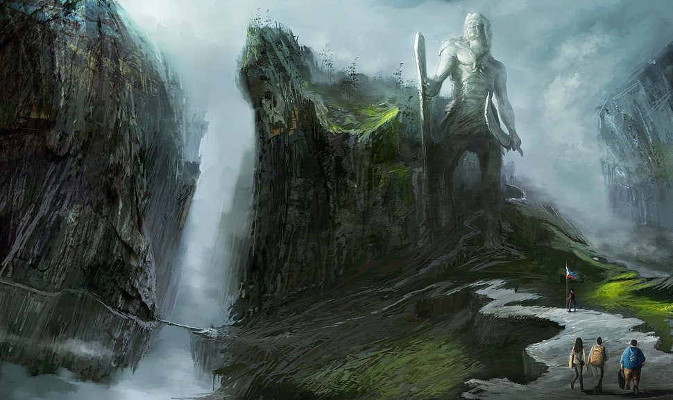 waterfalls surrounded with trees painting HD wallpaper