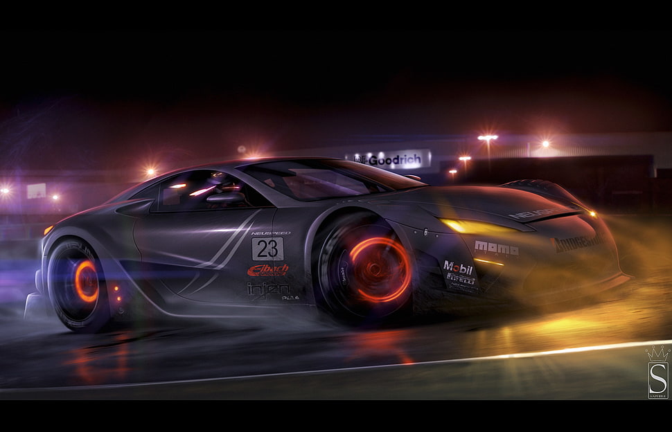 black racing car, car, sports car, tuning, digital art HD wallpaper