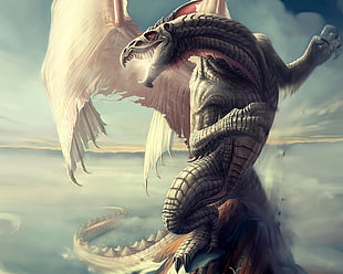 green dragon illustration, digital art, dragon, sky, Mount Hood