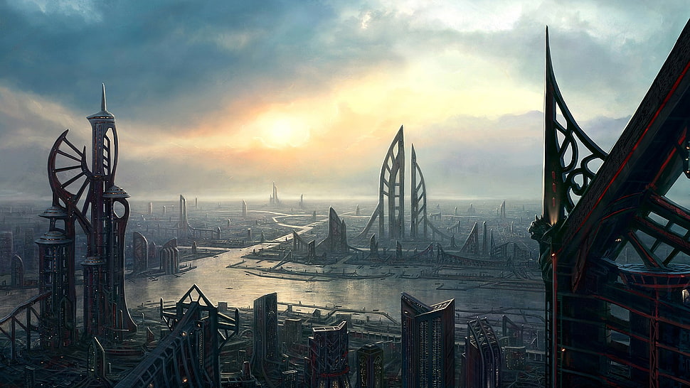 video game screenshot, artwork, science fiction, futuristic city, digital art HD wallpaper