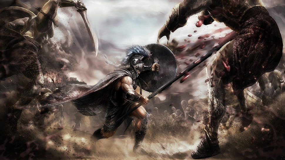 man holding weapon game cover, war, artwork, knowledge, armor HD wallpaper