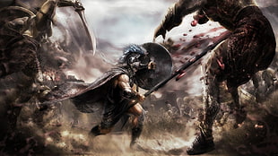 man holding weapon game cover, war, artwork, knowledge, armor