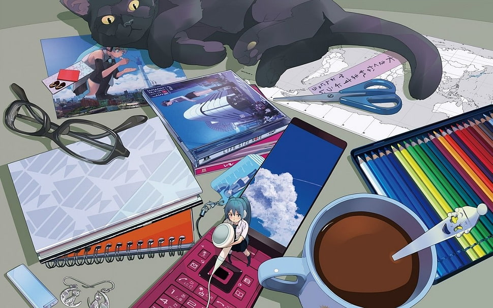 assorted-color school supply lot, cat, coffee, Vocaloid, Hatsune Miku HD wallpaper