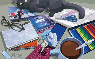 assorted-color school supply lot, cat, coffee, Vocaloid, Hatsune Miku