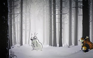 snowman illustration, Calvin and Hobbes, snow HD wallpaper